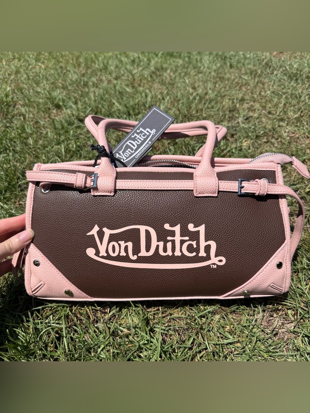 Von Dutch Pink and Brown Logo Satchel Purse